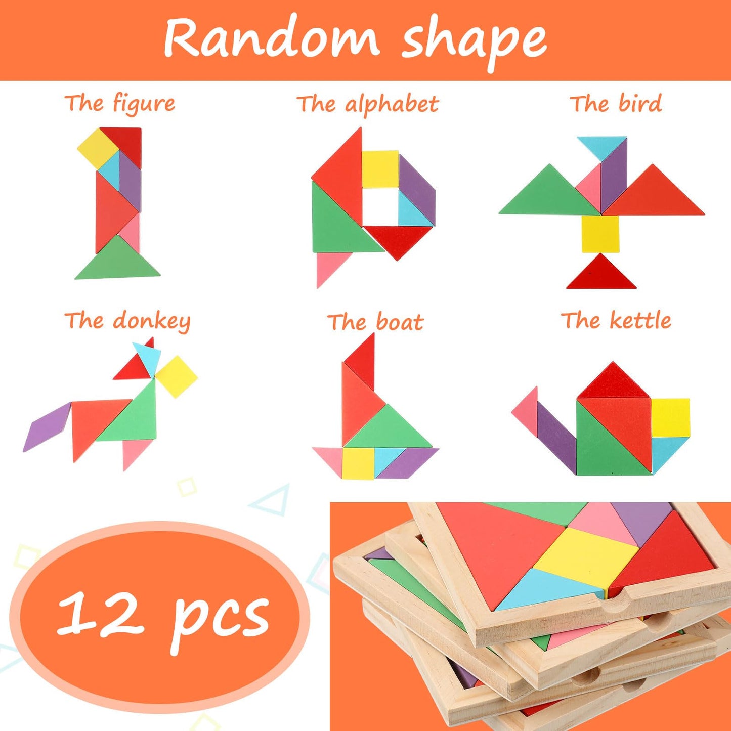 Meooeck Wooden Tangrams Puzzle, 12 Pieces - Portable, Educational Gifts For Kids Ages 4-8, Brain Logic Blocks For Manipulatives