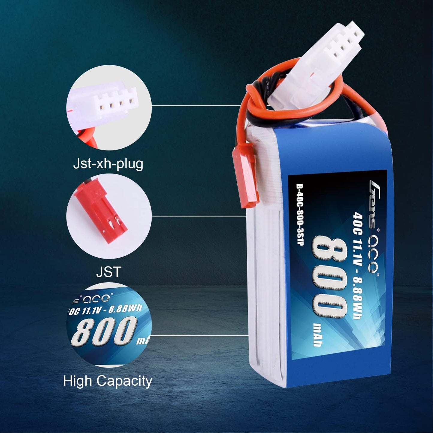 Gens ace 3S 800mAh 11.1V 40C LiPo Battery Pack with JST Plug(2 Pcs)