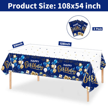 DUAIAI Happy Birthday Decorations, 3 Pcs Navy Blue and Gold Birthday Tablecloth for Boys Girls Men Women, Plastic Disposable Rec