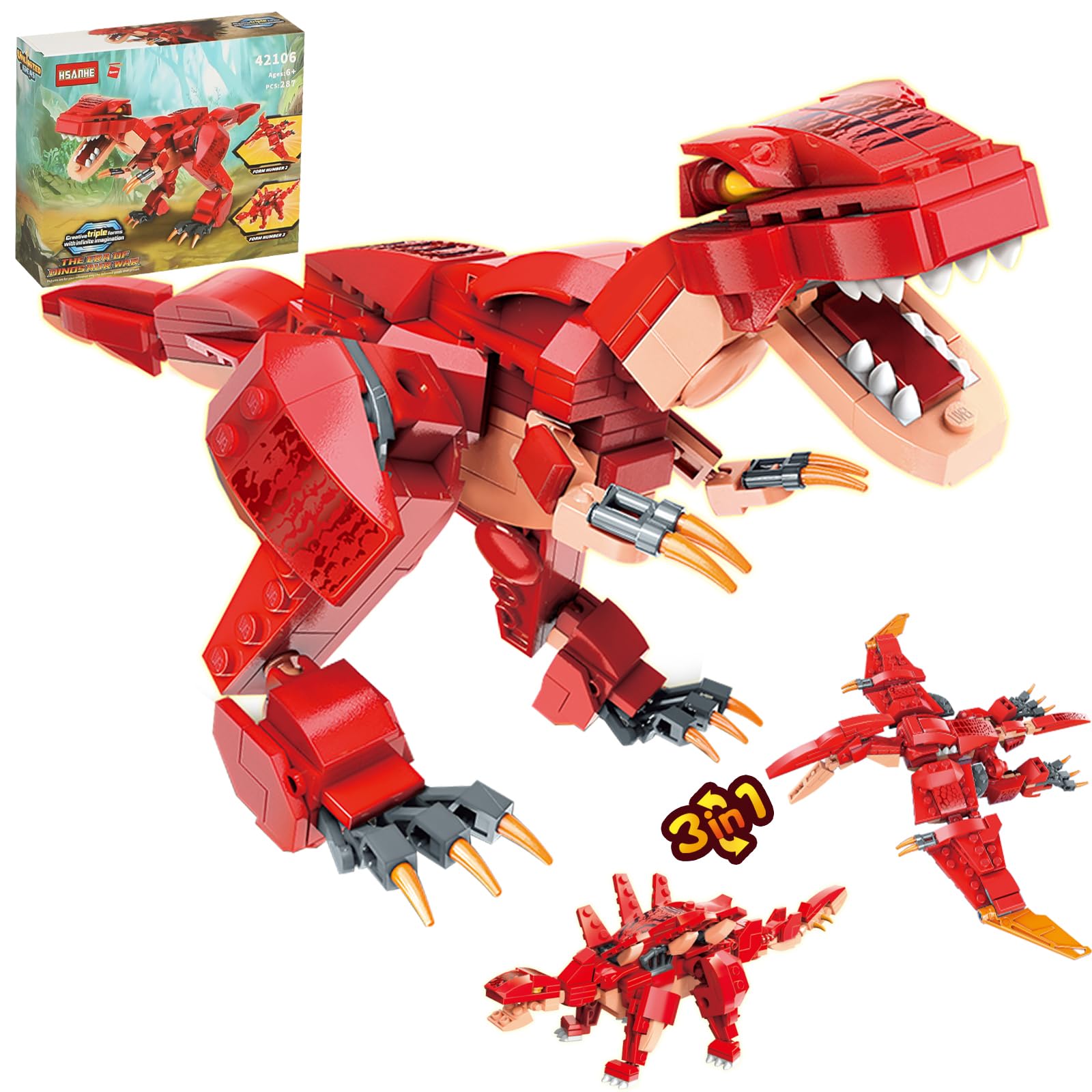 Hsanhe Stem 3 In1 Dinosaurs Building Kits 287Pcs, Toys For Kids Age 6-10 Year Old, Educational Building Sets Best Gifts For Boy 6-10 (Red)