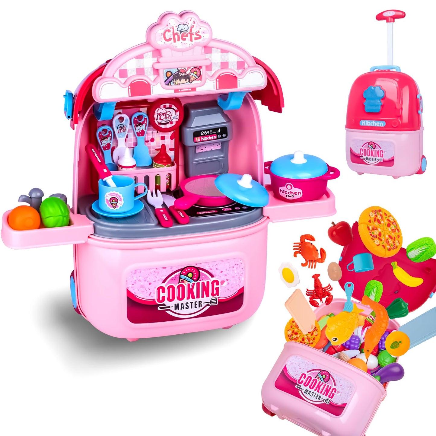 Awsoo Play Kitchen Set for Toddlers, Portable Toy Kitchen with Rolling Suitcase, Compact Size (5.9" x 10.4" x 14.37"), Plastic