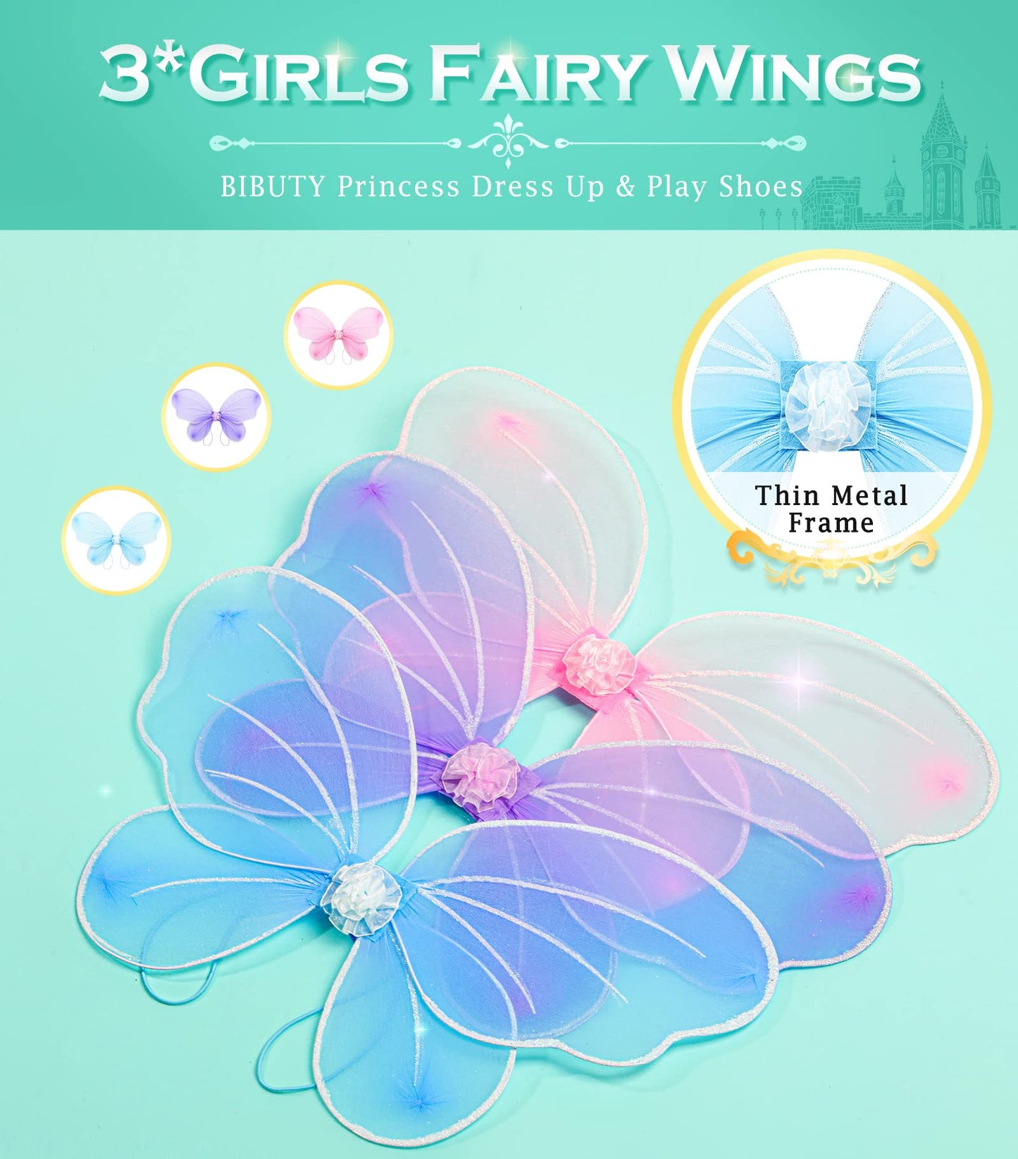Princess Dresses For Girls Fairy Wings, Bibuty Dress Up Clothes Pretend Play Costumes Trunk With 3 Sets Of Princess Dress Up Shoes, Glitter Girls Tutu Skirts And Butterfly Wings, Toys For 3-6 Yr Girls