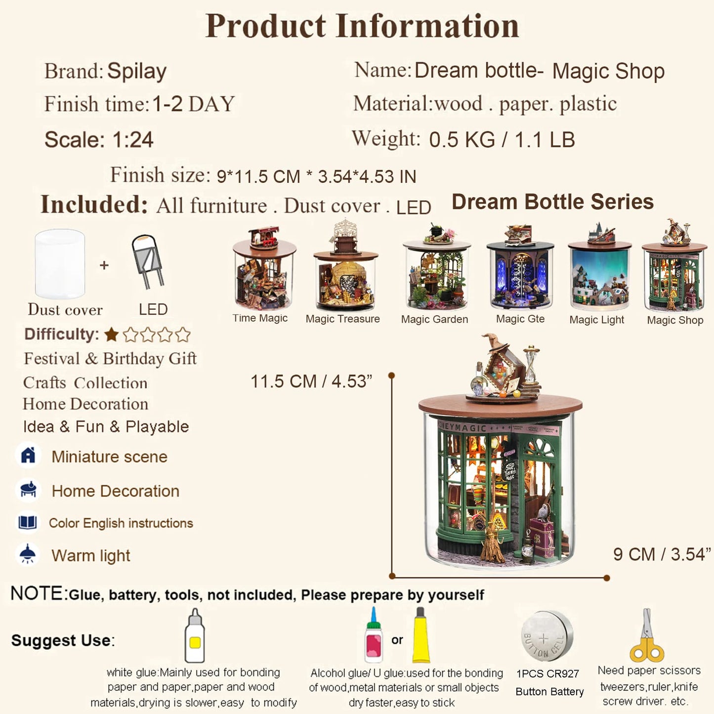 Spilay Dollhouse DIY Miniature Wooden Furniture Kit Mini Handmade Doll House Model with Dust Cover & LED 1:24 Scale Creative Woodcrafts Toys for mature-themed Friend Lover Birthday Gift B48