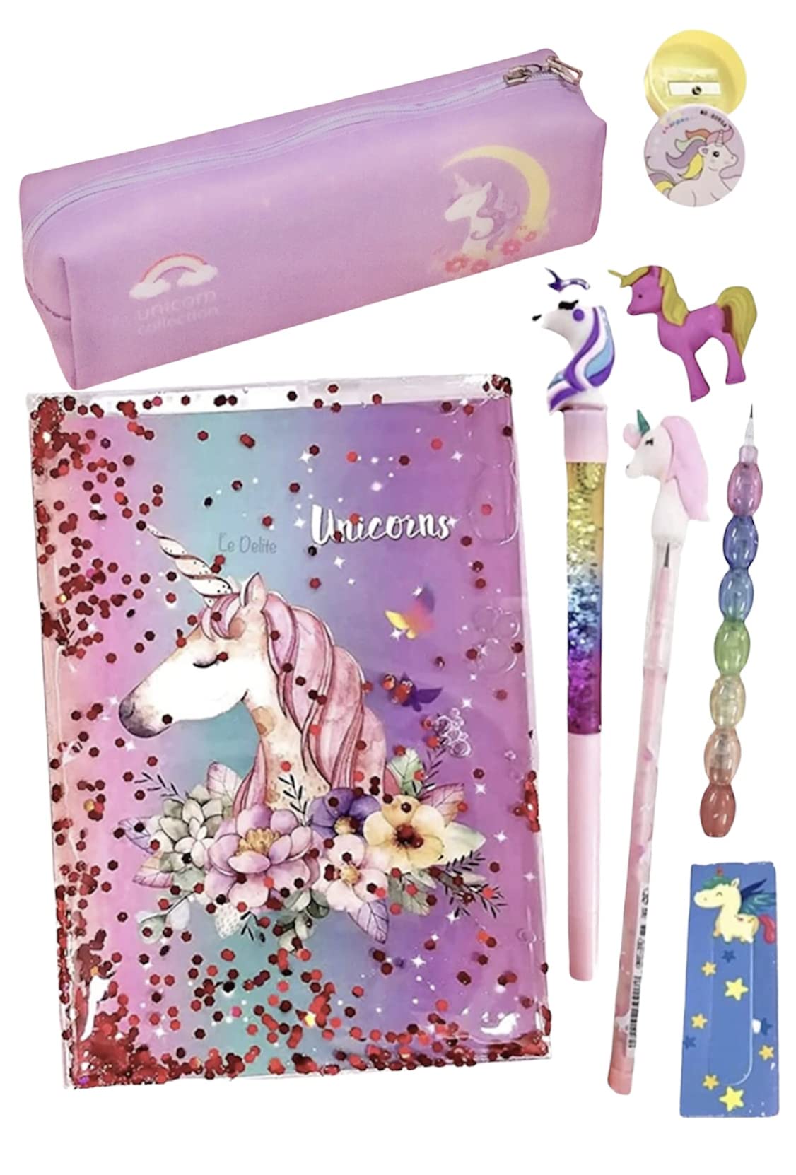 Le Delite Unicorn Stationary Combo Water Glitter Diary School Stationary Supply Set Gift Girls Kids/Notebook With Glitter Unicor