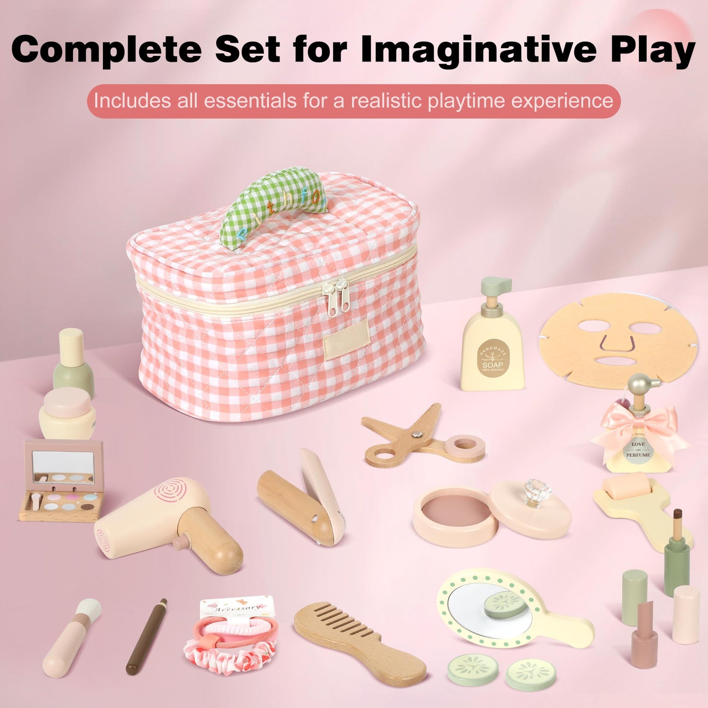 Pithfor Wooden Makeup Toy Set, Pretend Play Makeup Set for Kids Toddlers, Play Beauty Makeup Kit for Girls 3 4 5 6 7 Year Old