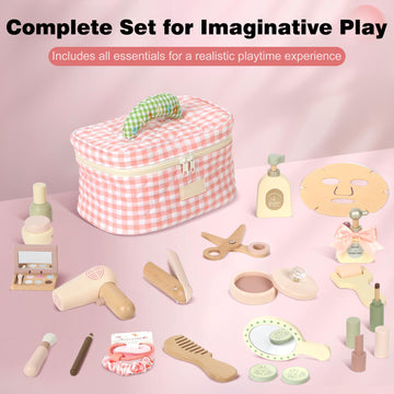 Pithfor Wooden Makeup Toy Set, Pretend Play Makeup Set for Kids Toddlers, Play Beauty Makeup Kit for Girls 3 4 5 6 7 Year Old