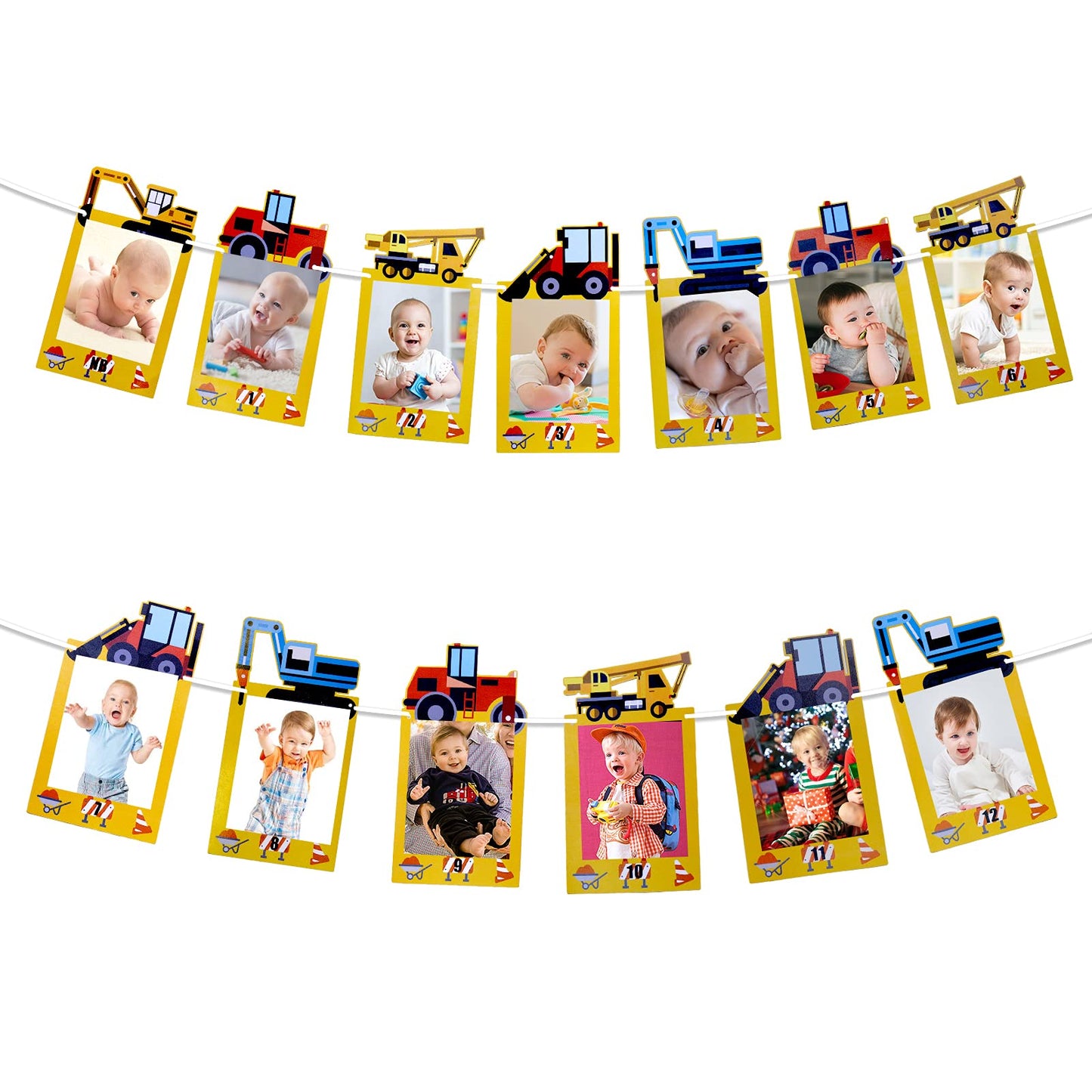 1st Birthday Boy Photo Banner for Baby from Newborn to 12 Months, First Birthday Decorations Boy Monthly Construction Vehicles T