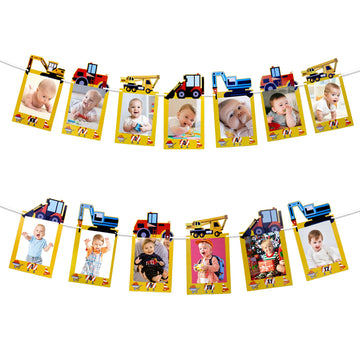 1st Birthday Boy Photo Banner for Baby from Newborn to 12 Months, First Birthday Decorations Boy Monthly Construction Vehicles T