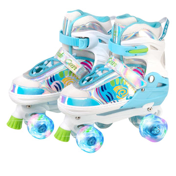 Skate Gear Rainbow Adjustable Light Up Inline/Quad Roller Skates For Girls And Boys (Blue - Quad, Large)