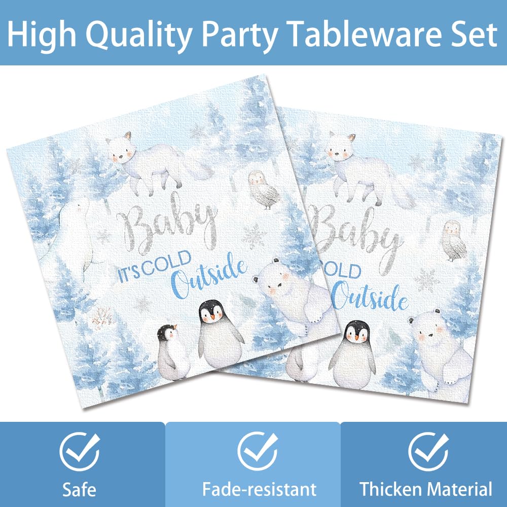 120pcs Winter Woodland Baby Shower Decorations Arctic Animals Plates Napkins Baby Its Cold Outside Cup Snowflake Penguin Arctic