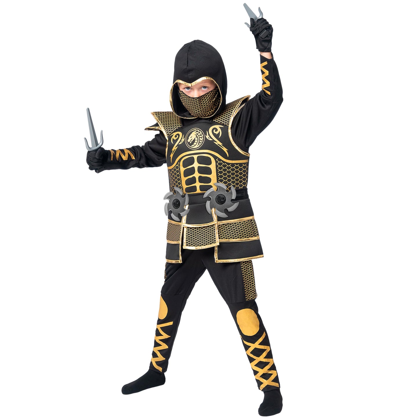 Spooktacular Creations Golden Ninja Costume for Boys  Kids Ninja Outfit Set with Golden protective covering and Patterns for Halloween Costume Dress Up Party  S