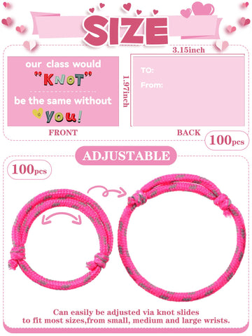 100 Pieces Valentine Knot Bracelets with Card Neon Rope Woven Friendship Bracelets for Kids Adjustable Rope Bracelets Bulk for G