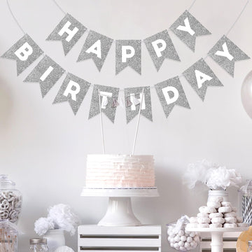 Silver Glitter Happy Birthday Banner Happy Birthday Sign For Backdrop Silver Birthday Decorations For Women Men Birthday Party Garland Bunting Banner Kids Adults Party Supplies