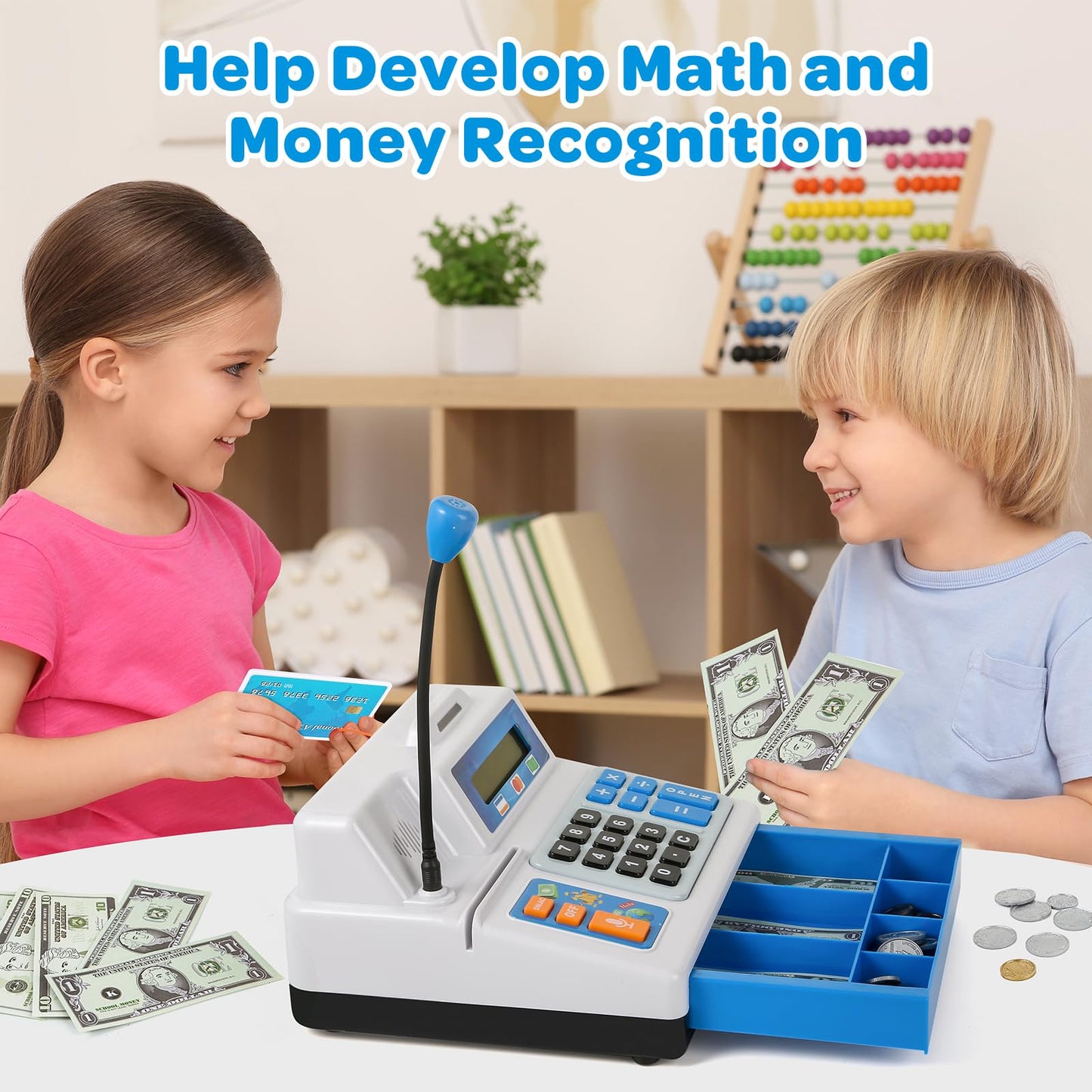 Calculator Cash Register - 103 Pcs Toy Cash Register, Store Set With Microphone, Credit Card And Banking For Kids, Early Math Sk