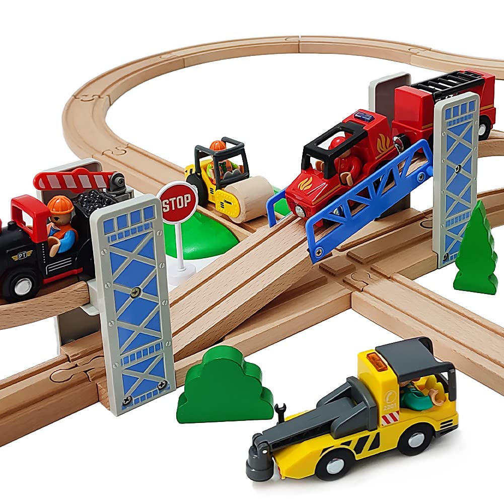 Wooden Train Track Accessories Wooden Crane Toy Set with Train Cars for 3 4 5 Year Old Boys Kids Other Major Wooden Rail Brands