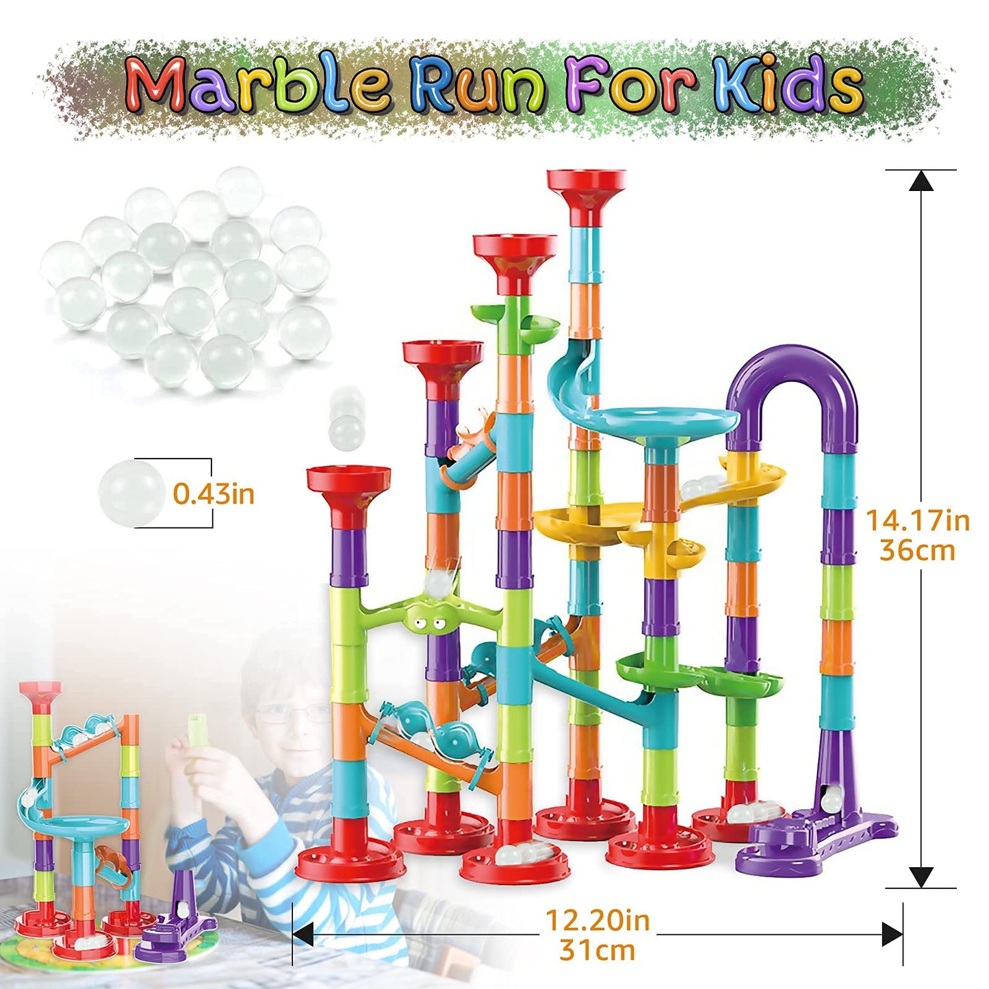Marble Run Building Blocks STEM Toy Track Race Maze 30 Glass Marbles for Kids Boys Girls 3 4 5 6 7 8 9 10 11 12 Year Old Birthday Present Preshool Gift