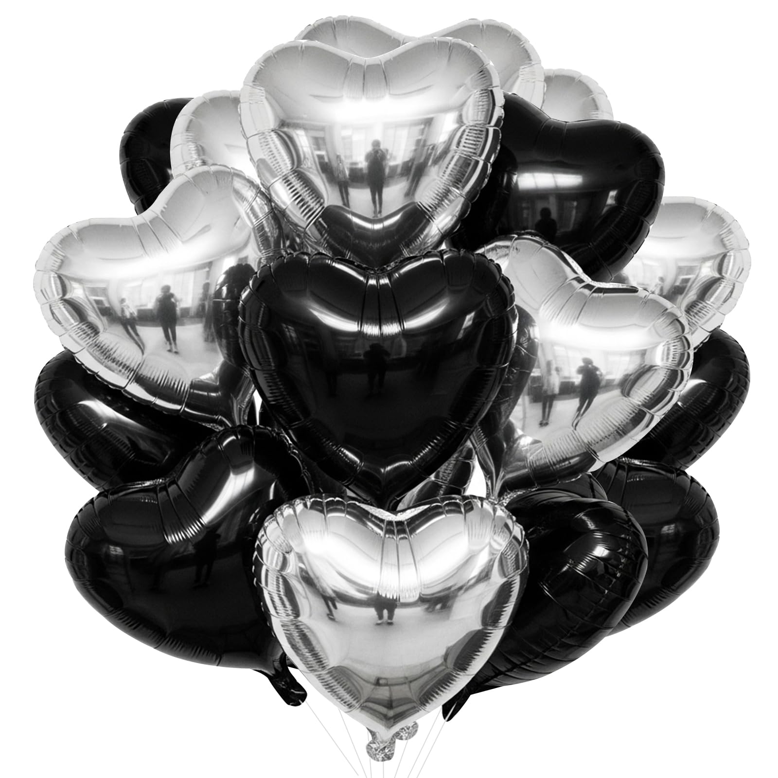 TONIFUL 30Pcs 18 Inch Black Silver Balloons Black Silver Heart Shape Foil Mylar Banners Decoration for Birthday Valentines Day 