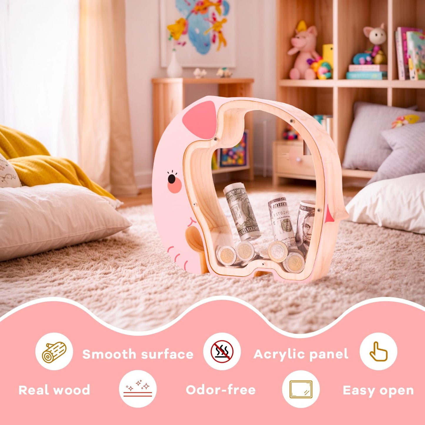 Wooden Pink Elephant Piggy Banks for Kids, Unbreakable Rabbit Coin Bank for Kids with Letter Sticker, Wooden Cashbox Money Jar P