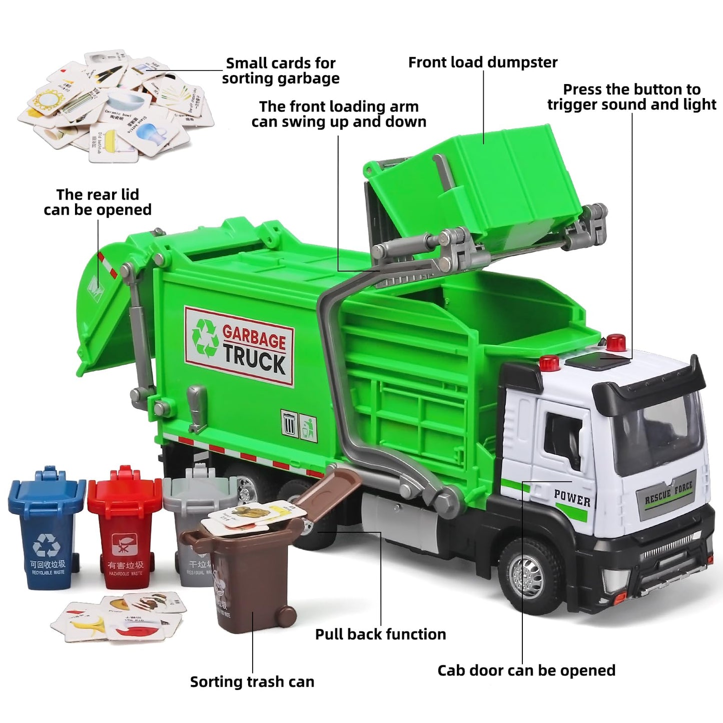 OANMYJJO Garbage Truck Toys for Kids,Garbage Truck Metal Diecast Cab,Pull Back Garbage Truck Toy with Lights and Sounds,Recyclin