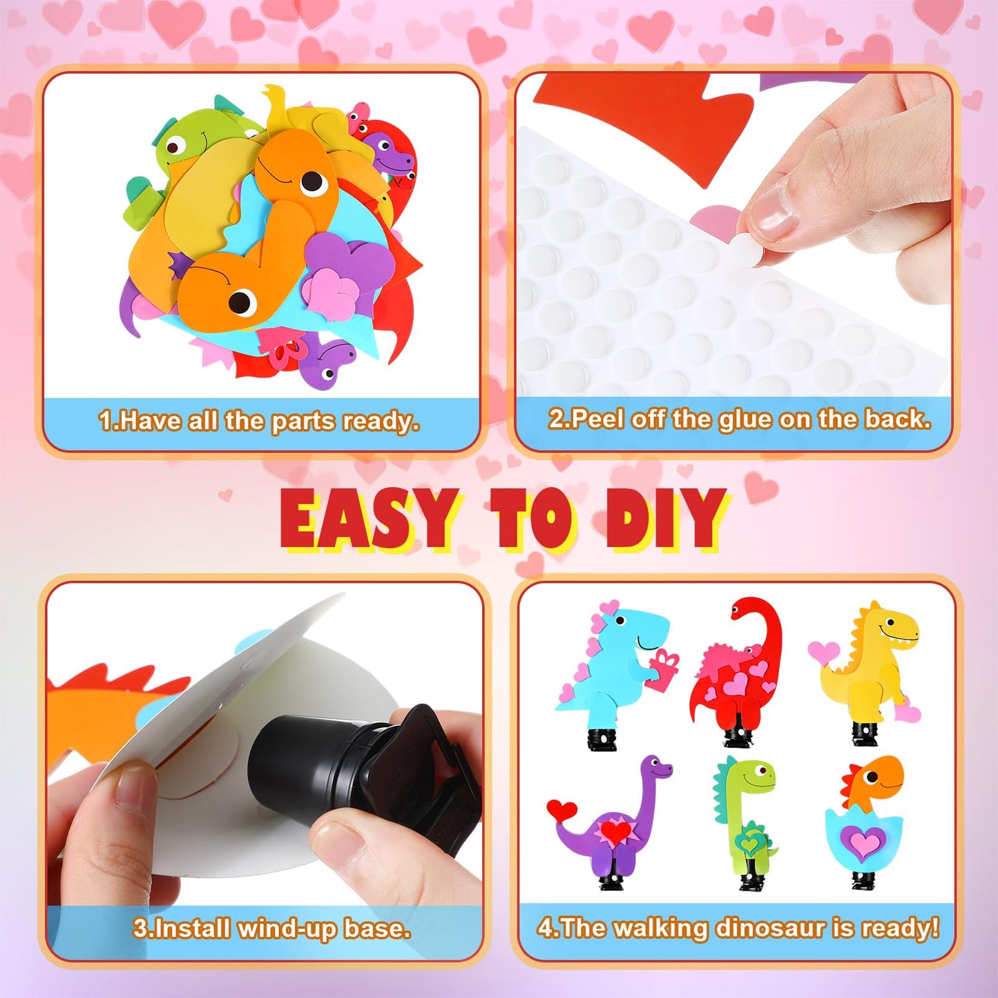 Menkxi 18 Pcs Valentine Dinosaur Craft Kit for Kids Wind up Valentine Dinosaur DIY Paper Craft Kits for Classroom Exchange Gifts