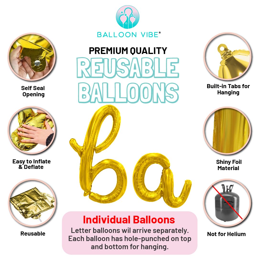 Balloon Vibe Gold Happy Birthday Balloon Banner - Script/Cursive Gold Mylar Foil Letters Banner For Birthday Decor - Happy Birth