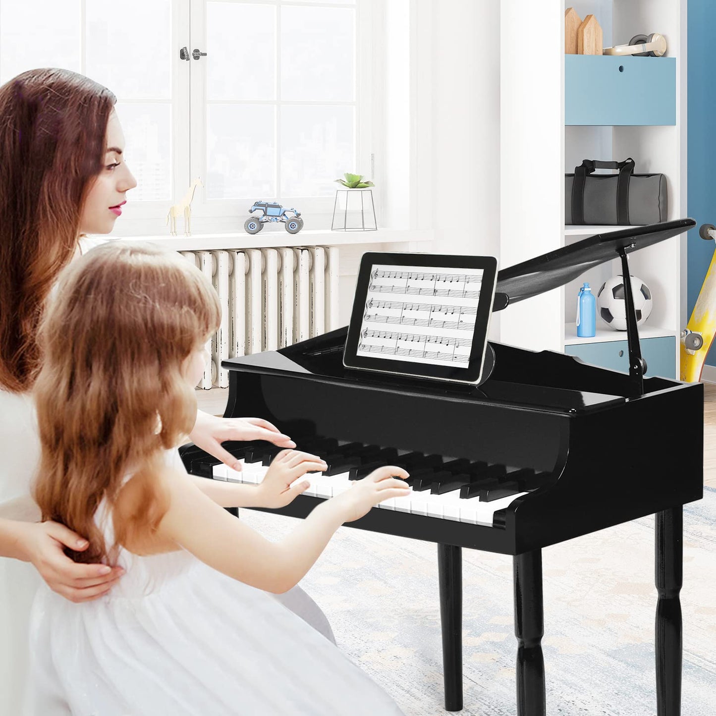 Goplus 30-Key Classical Kids Piano, Mini Grand Piano Wooden Learn-To-Play Musical Instrument Toy With Bench, Piano Lid, Music Rack, Gift For Boys Girls Aged 2+ Baby Tollder (4 Straight Leg-Black)