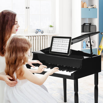 Goplus 30-Key Classical Kids Piano, Mini Grand Piano Wooden Learn-To-Play Musical Instrument Toy With Bench, Piano Lid, Music Rack, Gift For Boys Girls Aged 2+ Baby Tollder (4 Straight Leg-Black)