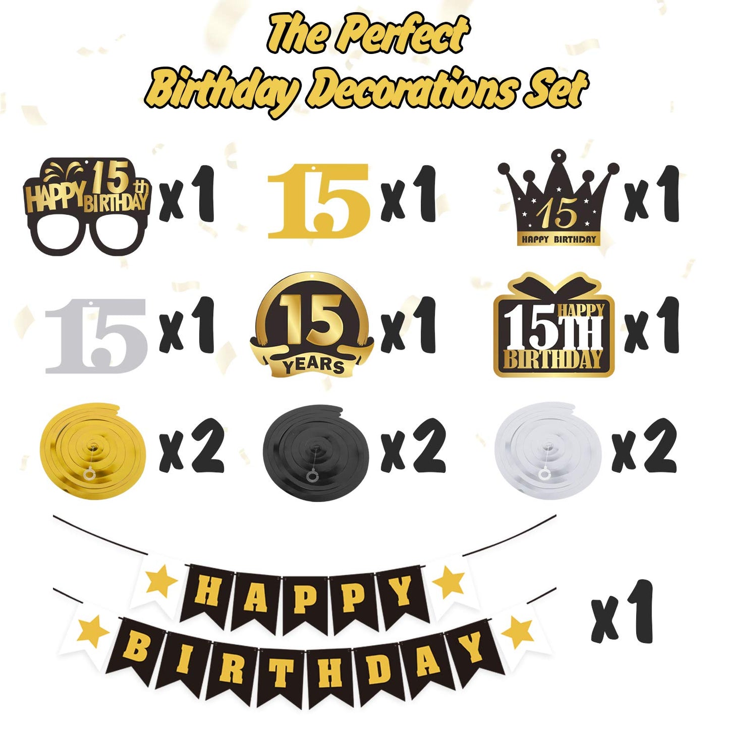 LINgTEER Happy 15th Birthday Swirls Streamers Set - Happy Birthday Banner,cheers to 15th Birthday Fifteen Years Old Bday Party H