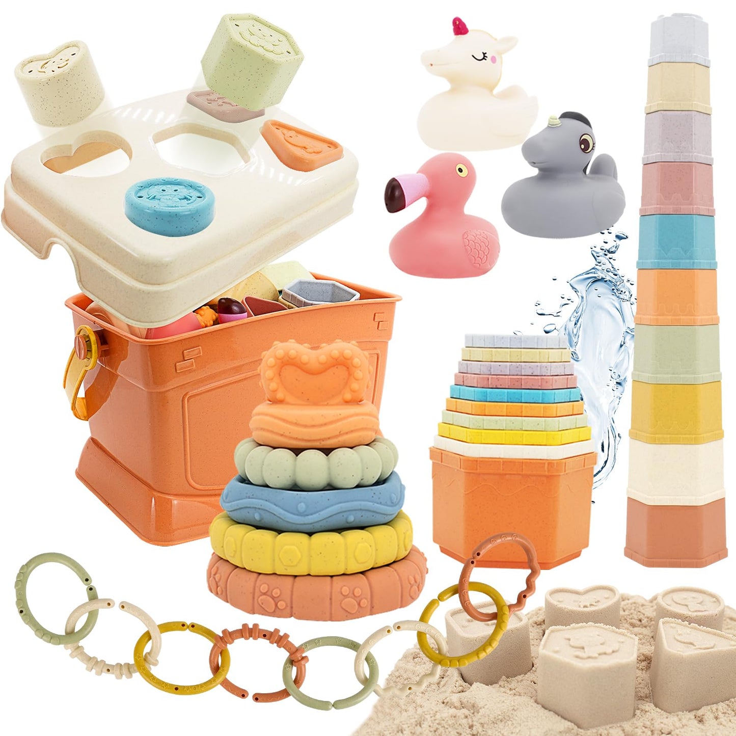 Byfwh 5 In 1 Montessori Baby Toys For 6-48 Months,Shape Sorters Stacking Cups,Rings Toy Links,Soft Stacking Rings,Blocks Set,Sof