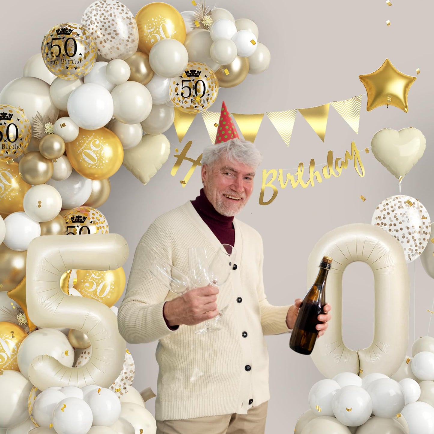 50Th Birthday Decorations Sand White Gold,50Th Birthday Balloon Arch Garland Kit With Happy 50Th Birthday Number 50 Foil Balloon