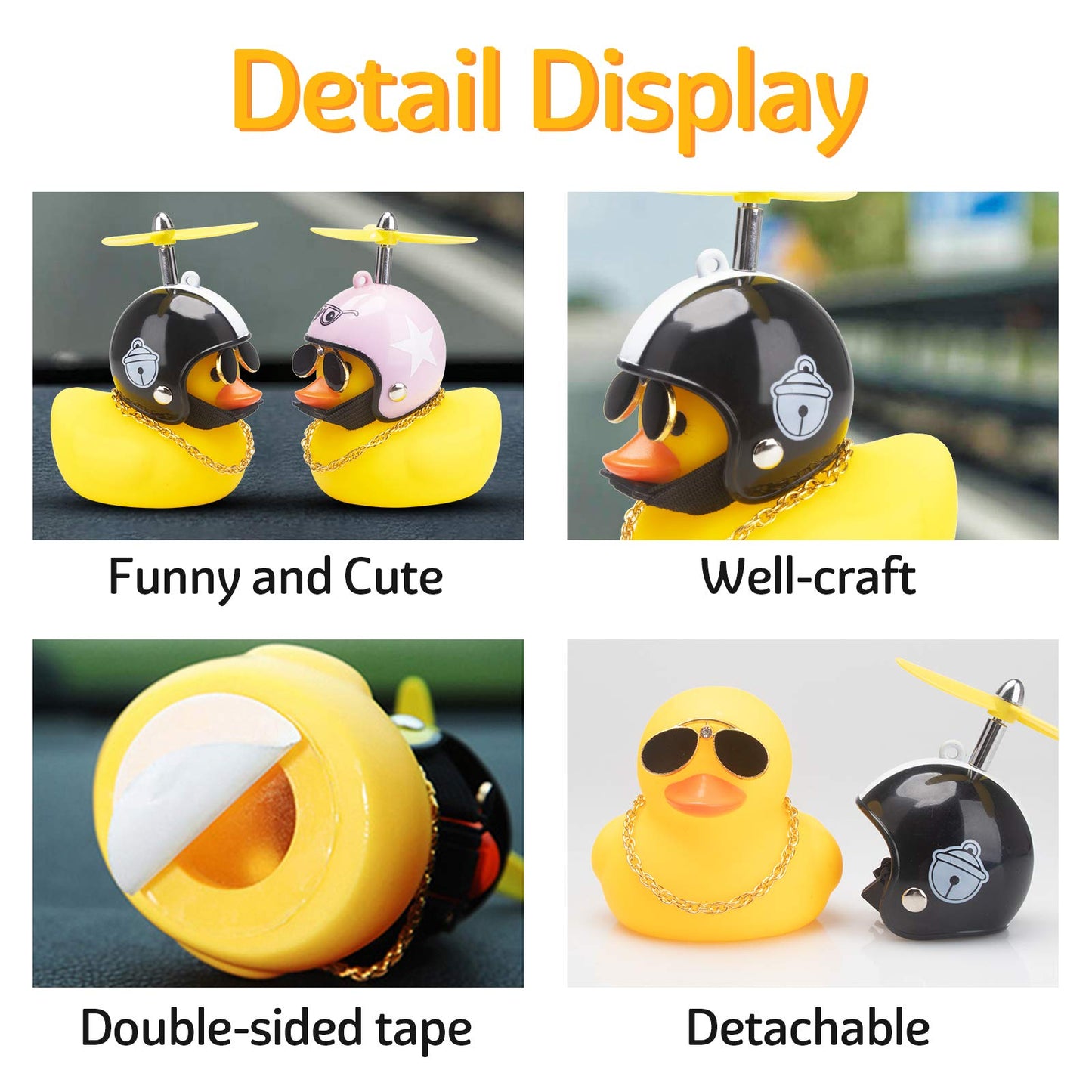Wonuu Rubber Duck Toy Car Ornaments Yellow Duck Car Dashboard Decorations Cool Glasses Duck With Propeller Helmet (Black Hat Whi