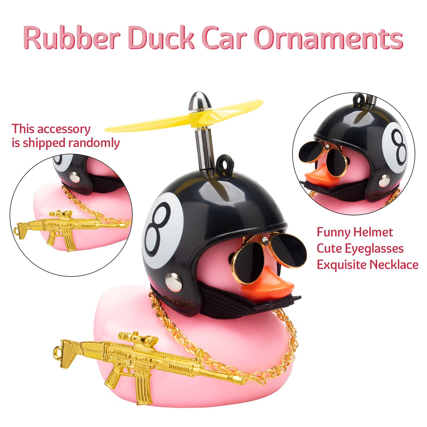 Wonuu Rubber Duck Car Ornaments Pink Duck Car Dashboard Decorations Set With Propeller Helmet, Sunglasses, And Gold Chain. (W-Pink-Black 8)