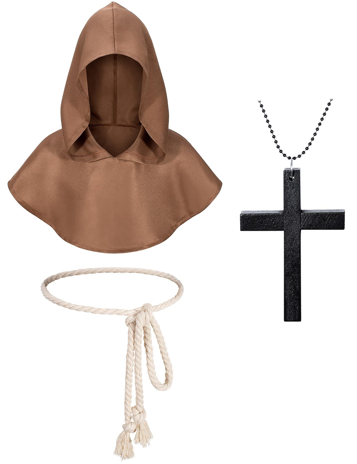 Kids Medieval Renaissance Monk Costume Priest Friar Wizard Cloak Hooded Robe Cosplay Costume Belt Necklace Set(BW 120)