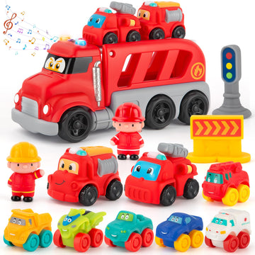 Bessome Soft Rubber Cars Toy For 1 Year Old Boy 13 Pcs Cartoon Cars With Trailor Baby Toys For 12-18 Months|Toddler Toys Age 1-2
