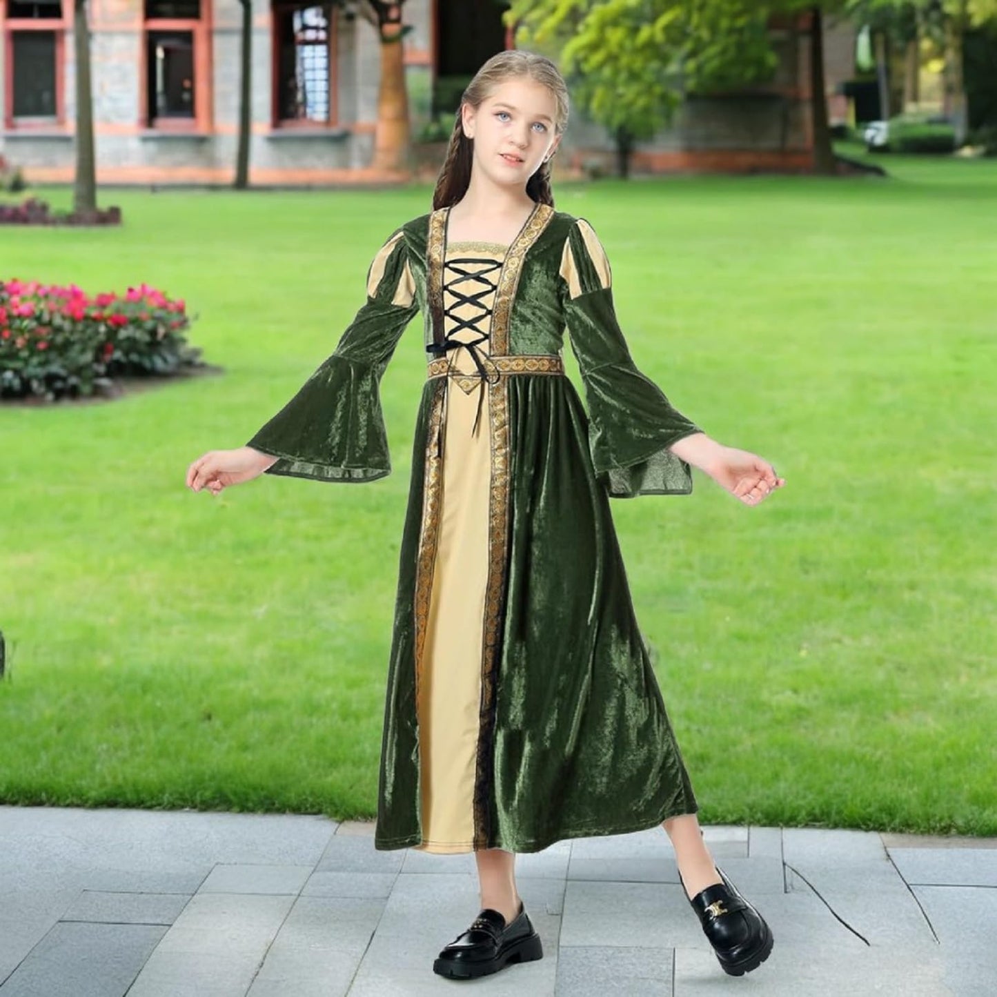 Colorful House Girls Renaissance Dress Medieval Dress Royalty Princess Child Dress Up Fancy Costume For Halloween(10-12Y,Green)