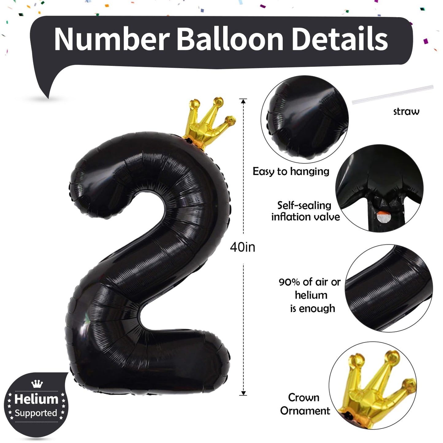 40 Inch 2Nd Birthday Balloon Number, Crown Black Foil Giant Number Balloons 0-9 Set, Self Inflating Balloons For Kids Girls Boys