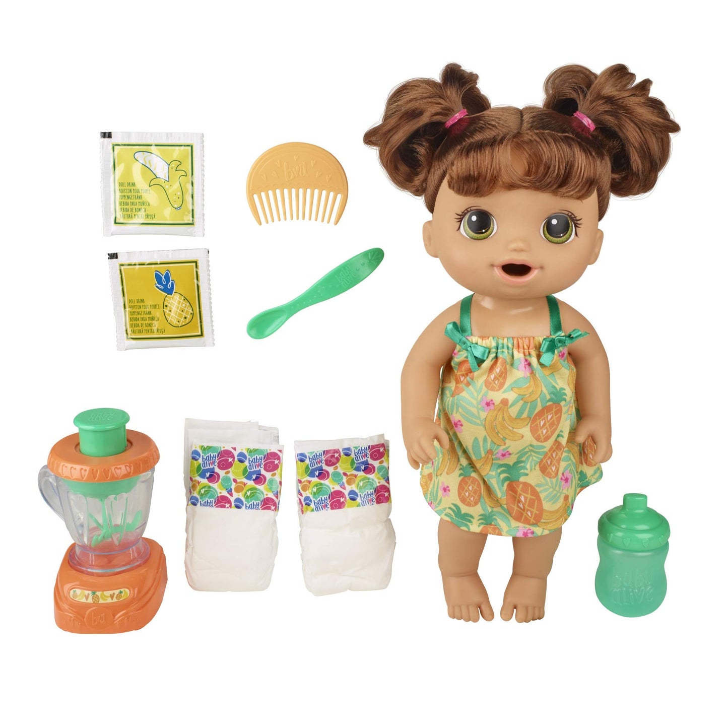 Baby Alive Magical Mixer Baby Doll Tropical Treat With Blender Accessories, Drinks, Wets, Eats, Brown Hair Toy For Kids Ages 3 A