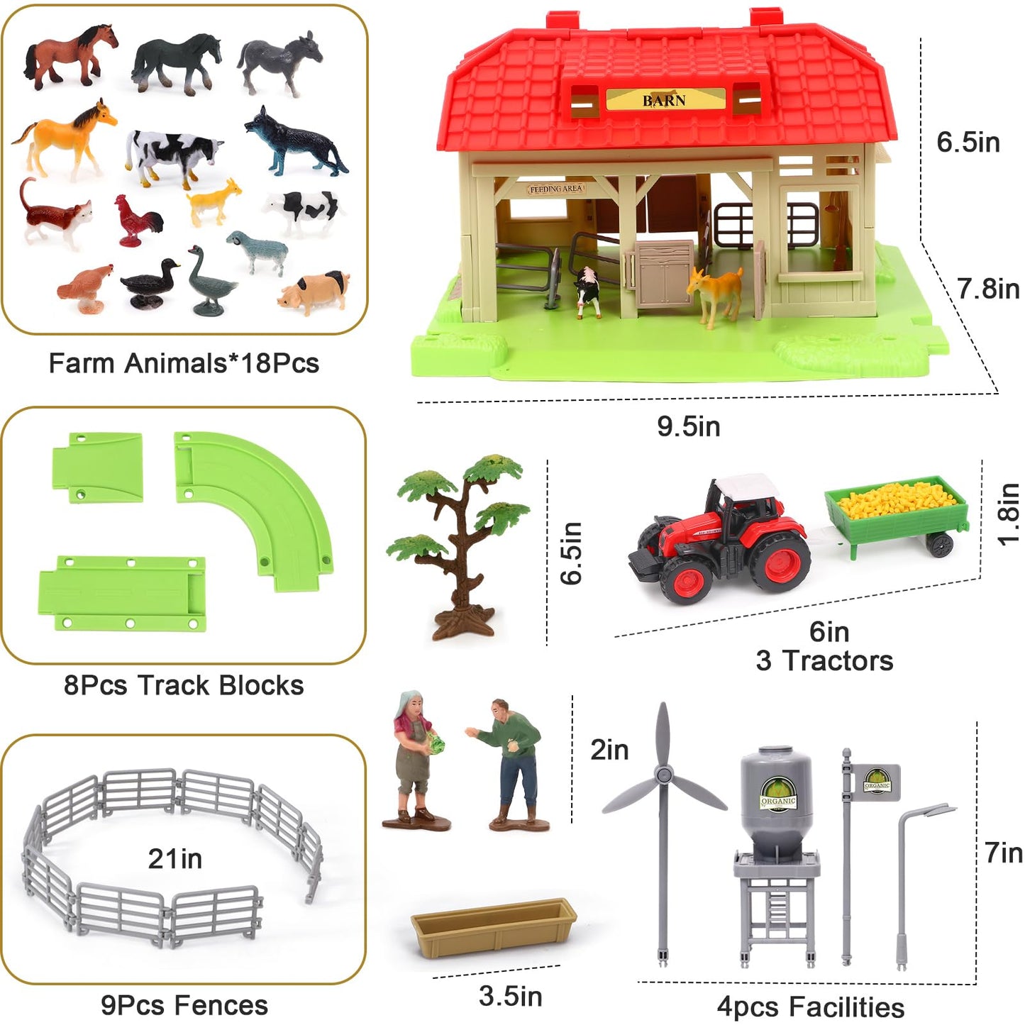 Tuzt Farm Animals Barn House Toys With 3 Tractors For Kids/ Barnyard Playset With Track/ 18 Animals Figures/ Windmill/ Water Tow