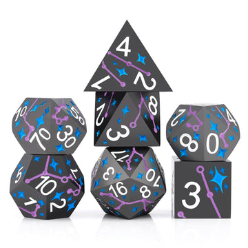 PJOY Metal Dice Set D&D Star Dice Set DND Polyhedral Dice for RPG Role Playing Games Dungeons and Dragons TTRPG Black Purple Blu