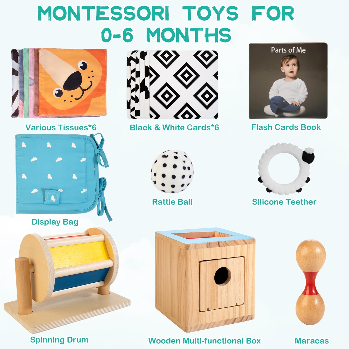 Woodmam Montessori Toys For Babies 0-6 Months, 9 In 1 Learning Educational Sensory Toys For Newborn 0-3-6 Months, Includes High Contrast Cards, Baby Tissue Box Toy, Spinning Drum, Teether And More