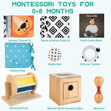 Woodmam Montessori Toys For Babies 0-6 Months, 9 In 1 Learning Educational Sensory Toys For Newborn 0-3-6 Months, Includes High Contrast Cards, Baby Tissue Box Toy, Spinning Drum, Teether And More