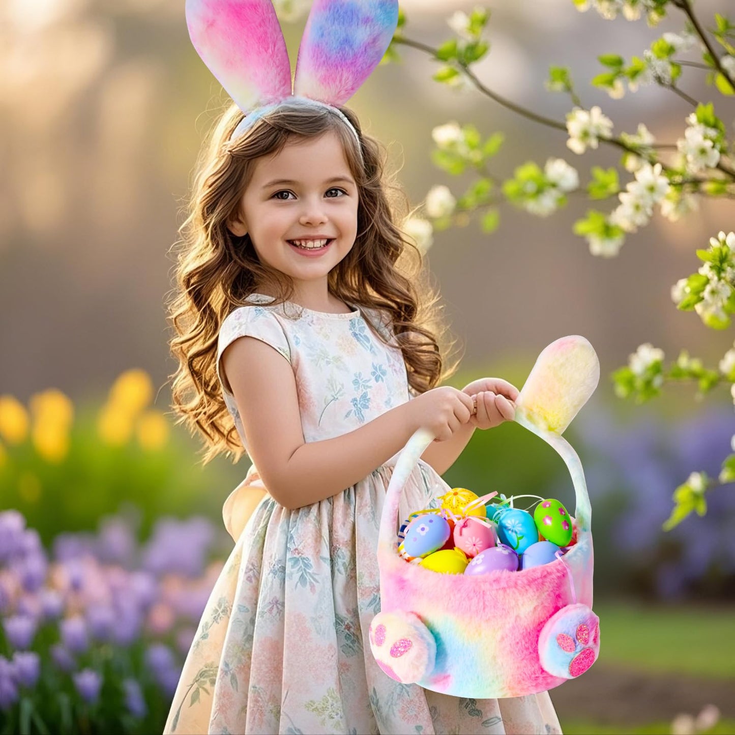 PinkSheep Bunny Ears and Basket for Girls,Pink Bunny Headbands with Bakset and Bunny Costume for Girls Bluk Party Favors, Rabbit