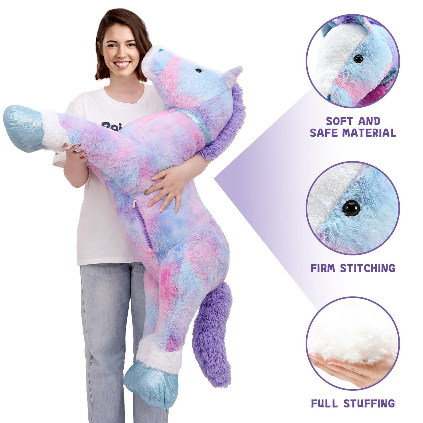 Tezituor 4ft Giant Horse Stuffed Animals  47inches Lifesize Stuffed Pony Plush Blue Horse Pillow Toy Gift for mature-themed Kids