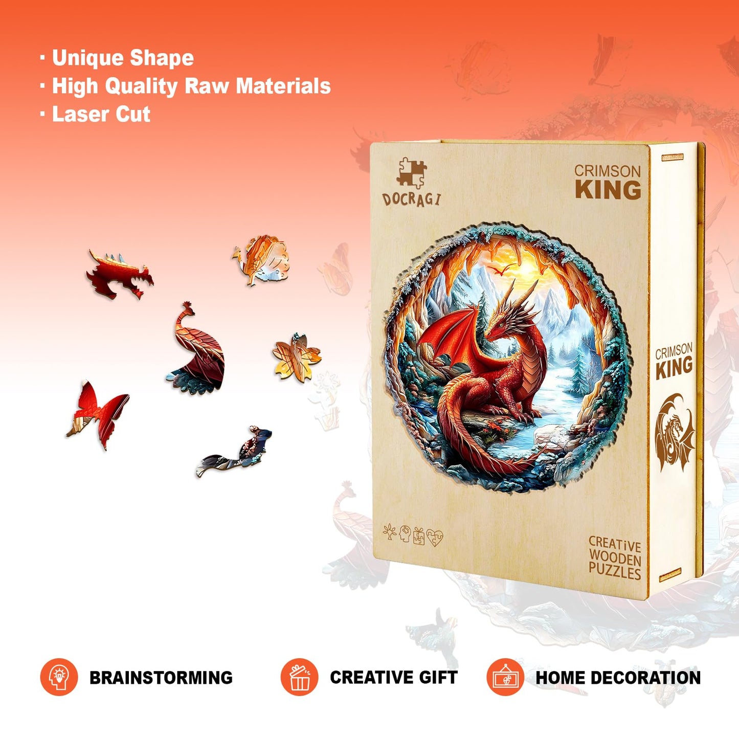 Wooden Puzzles for mature-themeds - Unique Shape 3D Vision Wooden Puzzle - Crimson Dragon Wooden Puzzles - Challenging mature-themed Animal Puzzles Creative Gifts - Birthday Gifts for mature-themeds - Puzzle Toys - (195pcs)