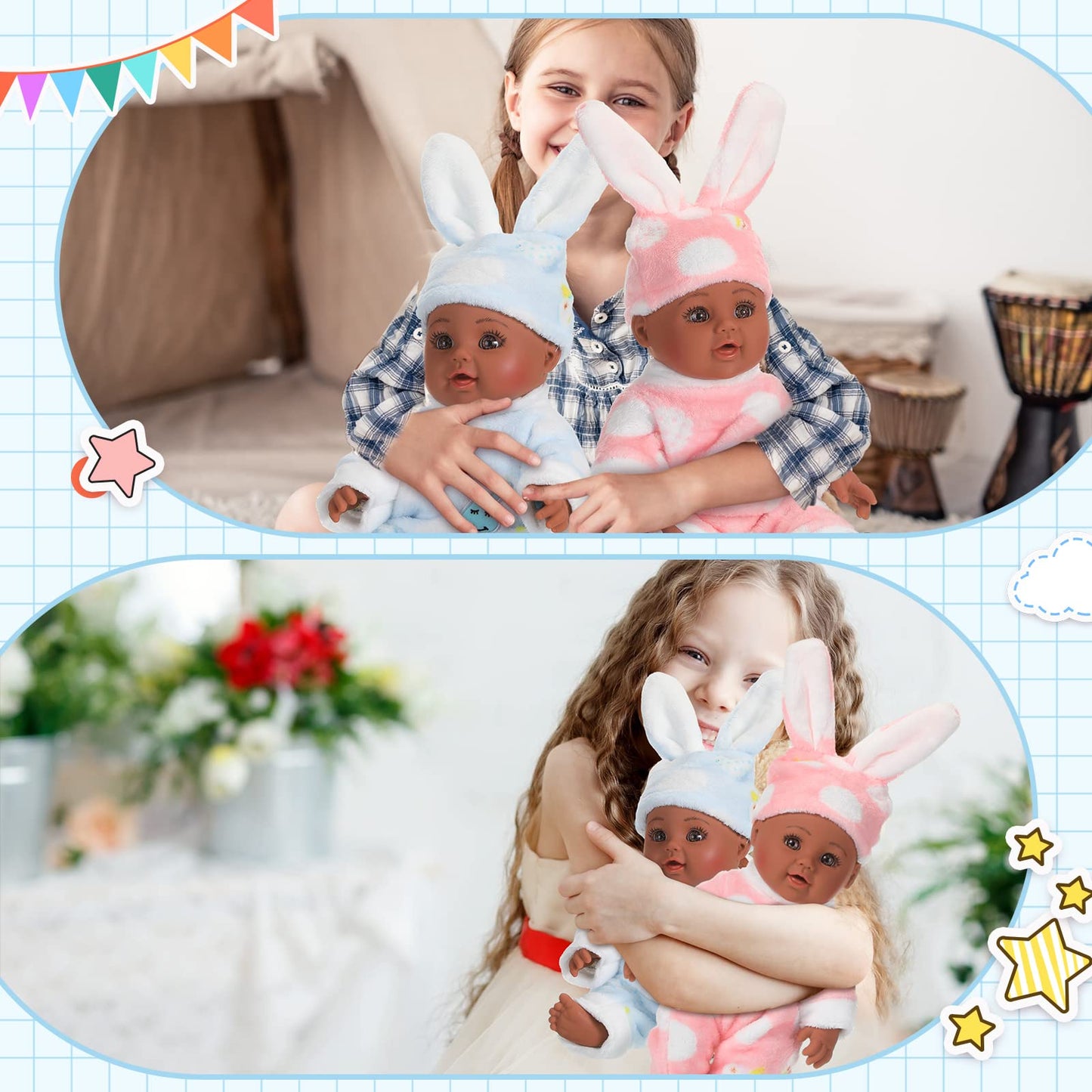 10 Pcs Realistic Twin Baby Dolls Toy Set Include 2 Pcs 12 Inch Baby Dolls  Feeding Set  Pacifiers  Doll Diapers  Bags  Milk Bottles Removable Outfit for Toddler Kids 6+ Gift(Black)