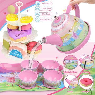 Tea Set for Little Girls,PRE-WORLD 50PCS Princess Tea Party Time Toy Including Dessert,Cookies,Doughnut,Teapot Tray Cake, Tablec