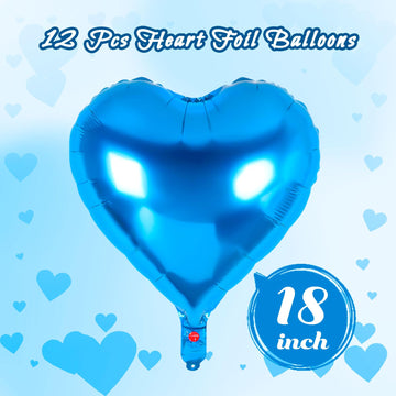 12 Pcs Heart Balloons,18 Inch Blue Heart Foil Balloons Love Balloons Valentine Balloons For Birthday Party Wedding Engagement Pa