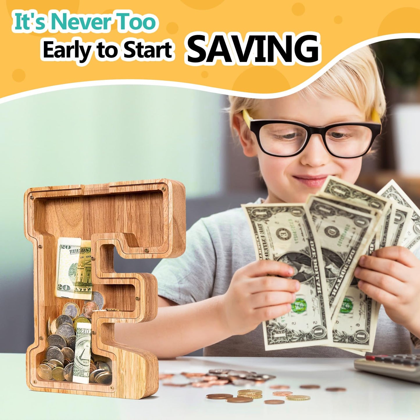 SummiDate Wooden Letter Piggy Bank| Piggy Bank for Boys Girls Toddler| Alphabet F Money Bank| Coin Bank Birthday Gift for Kids|Birthday Gift for Kids (F)