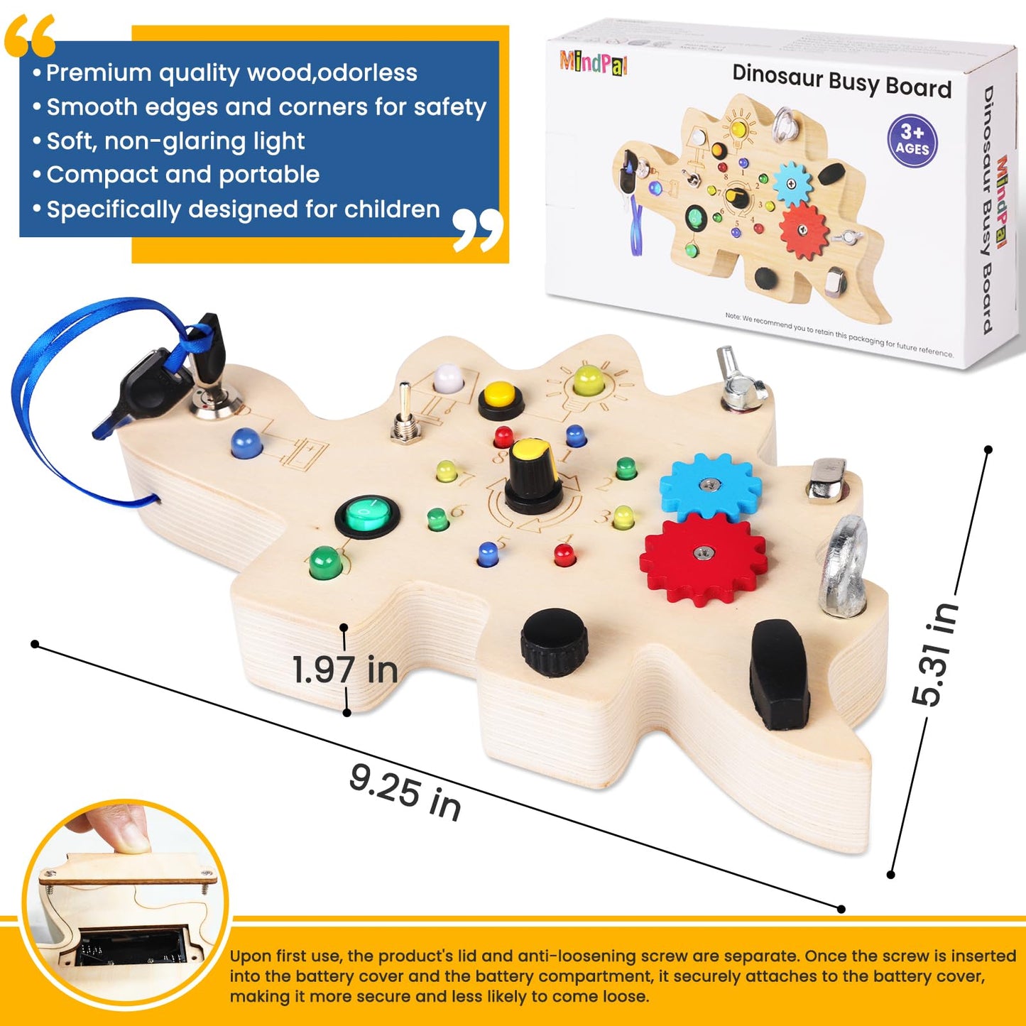Mindpal Busy Board, Montessori Toys For 3 Year Old, Baby Sensory Toys For Toddlers With 12 Led Light,Wooden Toddler Busy Board B