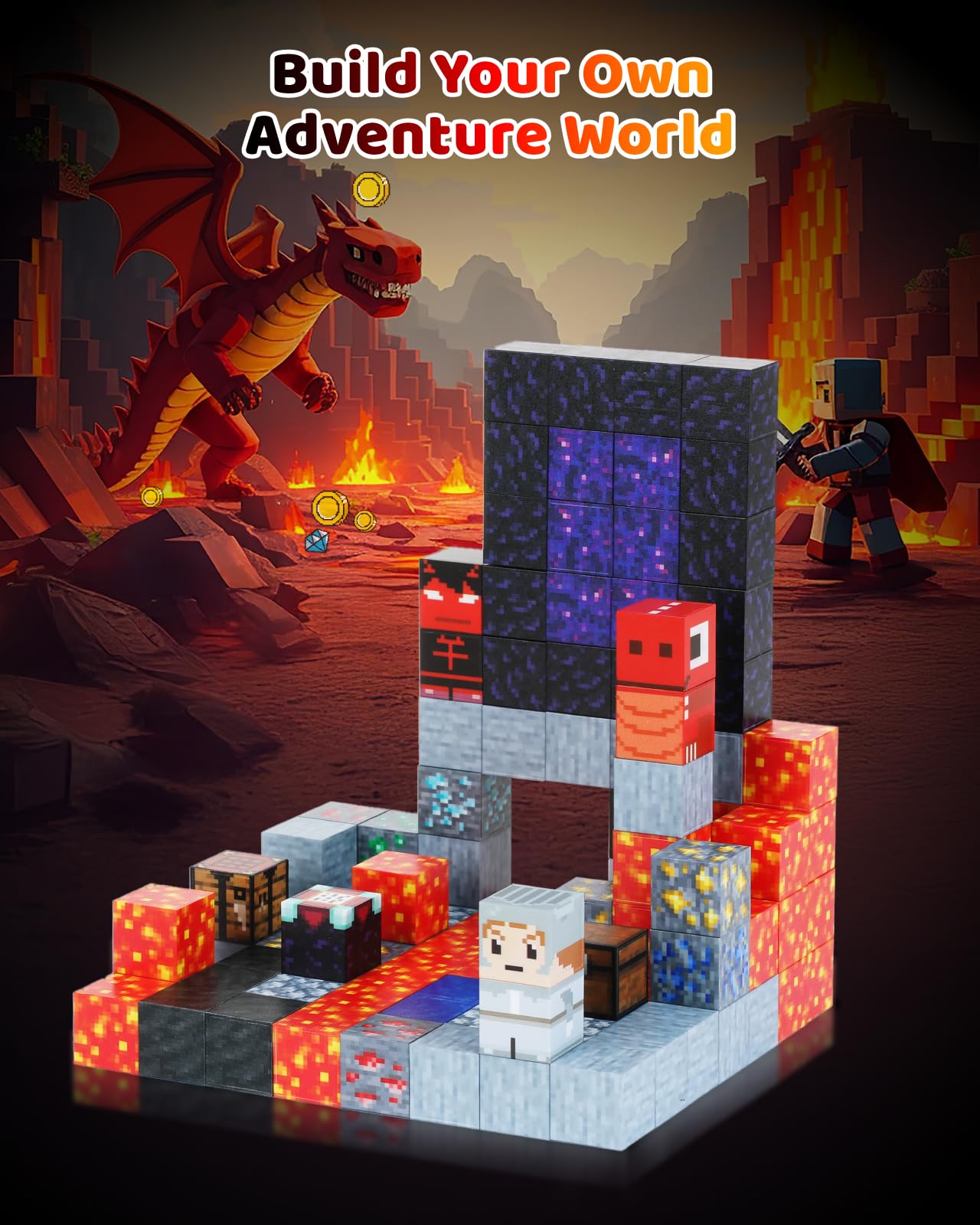 Gleamkid 115Pcs Magnetic Blocks - Building Toys For Boys Girls 3+, With 20 Unique Patterns, Lava Rivers, Volcanoes, & Dragons, S